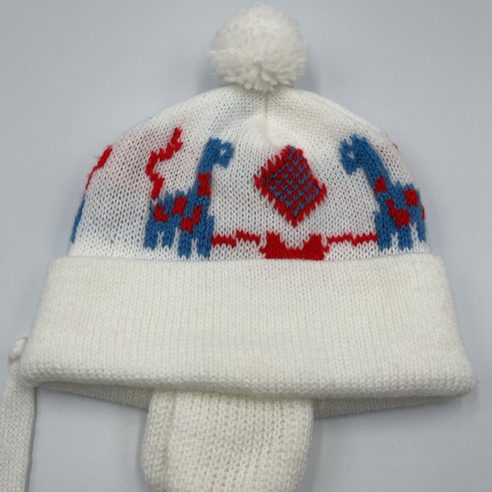 Vintage Red Blue White Giraffe Baby Winter Beanie Hat with Ear Flaps - Picture 2 of 11